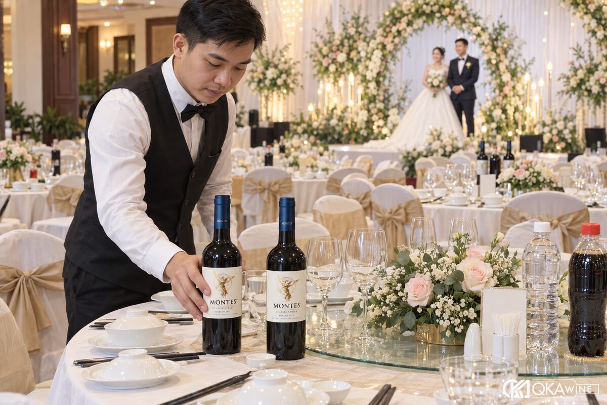 Nhân viên đặt hai chai vang Montes Classic Merlot lên bàn tròn trong sảnh tiệc cưới