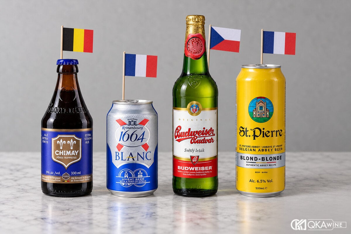 Chai Chimay, lon 1664 Blanc và chai Budweiser Budvar đứng cạnh nhau