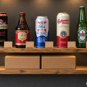Kệ gỗ bày bia theo nước cạnh bảng giá bia