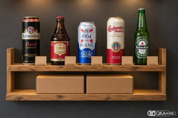 Kệ gỗ bày bia theo nước cạnh bảng giá bia