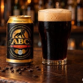 Lon bia ABC rót ra ly nâu đen phủ bọt kem nâu