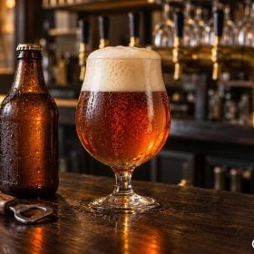Ly tulip bia ale hổ phách cạnh chai Bỉ trên quầy gỗ