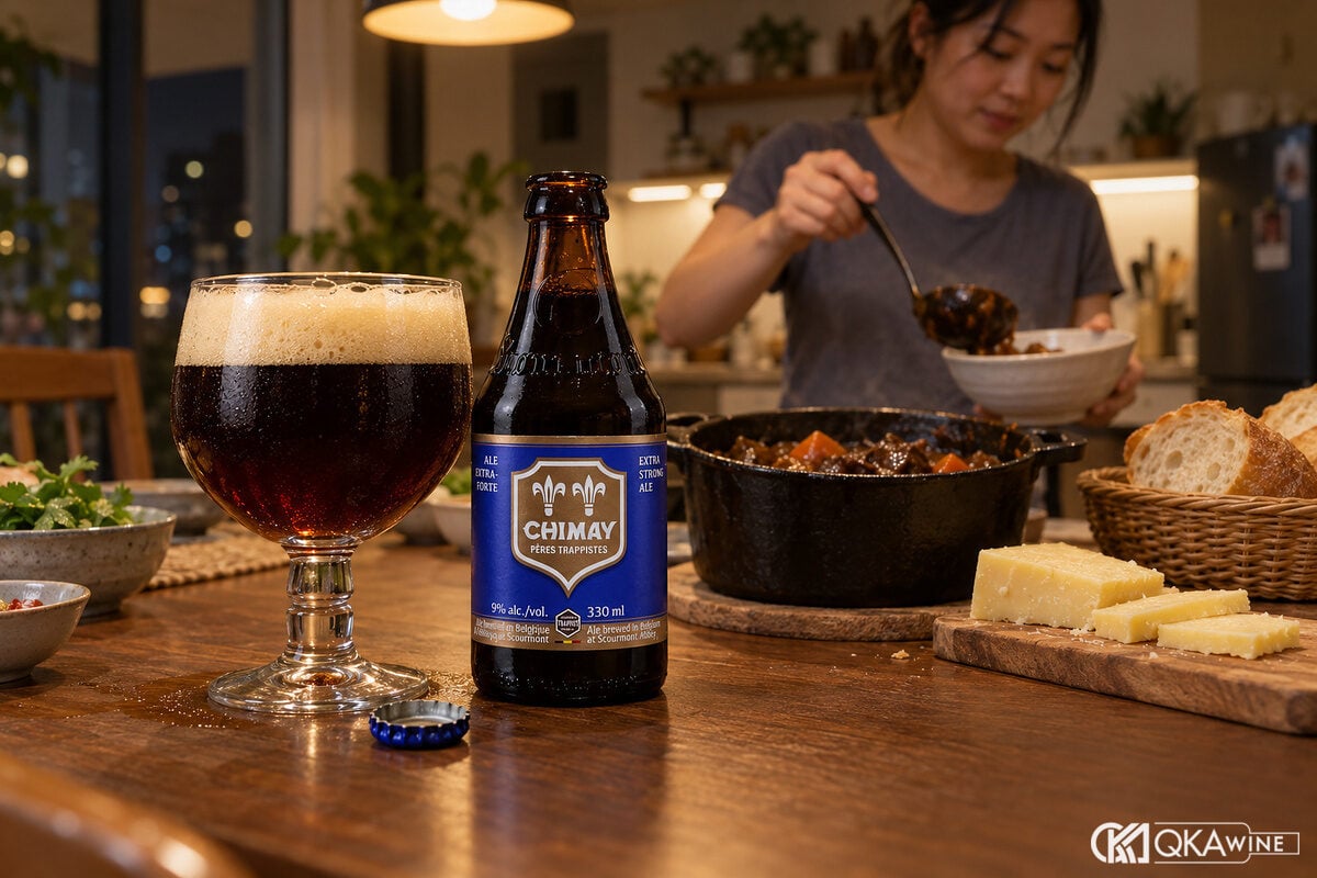 Ly chalice bia nâu cạnh bò hầm và phô mai buổi tối