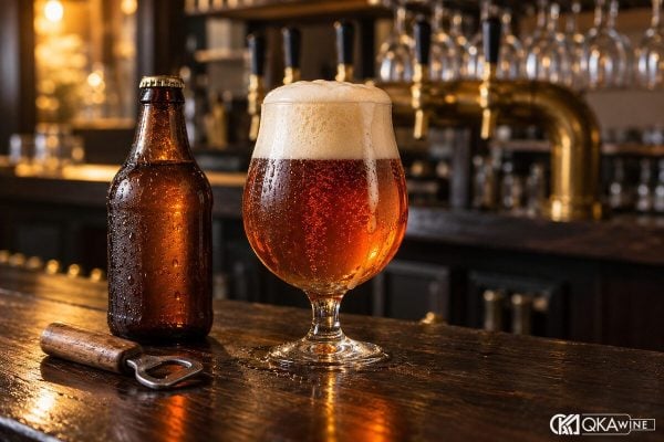 Ly tulip bia ale hổ phách cạnh chai Bỉ trên quầy gỗ