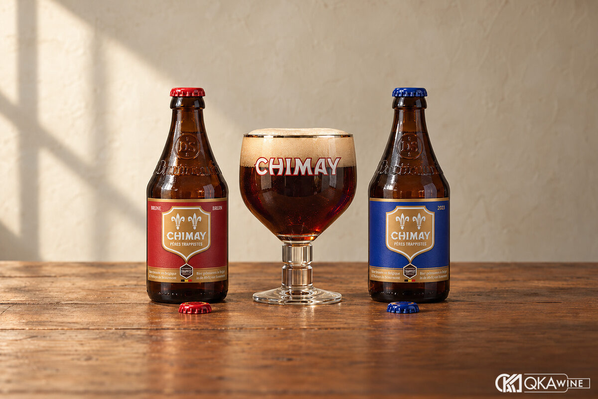 Chai Chimay đỏ và Chimay xanh đặt cạnh ly chalice