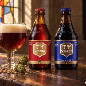 Ba chai bia Bỉ dáng lùn cạnh ly chalice đầy bia nâu đỏ