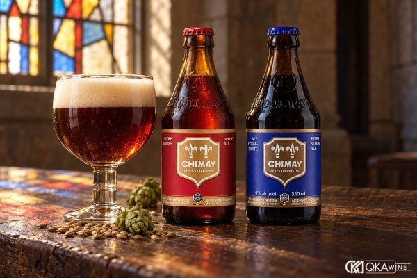 Ba chai bia Bỉ dáng lùn cạnh ly chalice đầy bia nâu đỏ