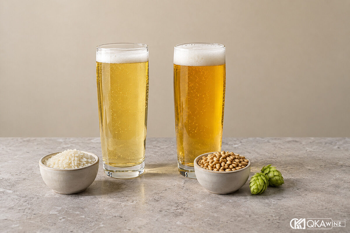 Hai ly bia cạnh nhau, phía trước là gạo, malt và hoa bia