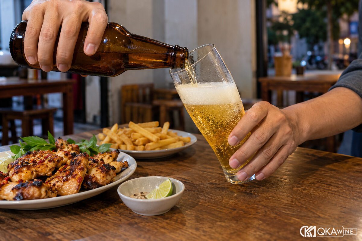 Rót lager lạnh vào ly pilsner cạnh đĩa đồ ăn trên bàn
