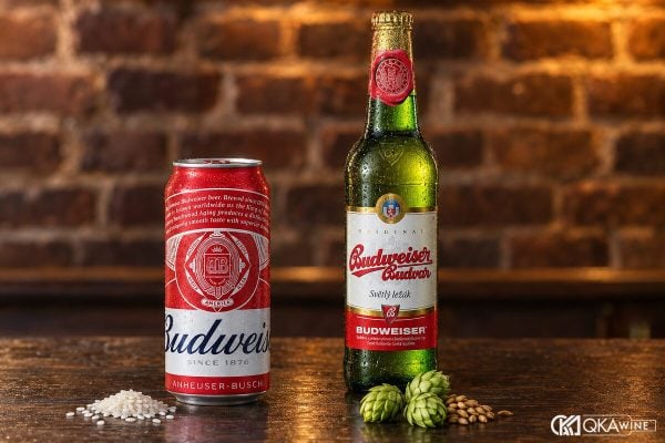 Lon bia Budweiser đỏ cạnh chai Budvar trên quầy gỗ
