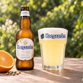 Ly lục giác bia Hoegaarden trắng đục cạnh chai và lát cam