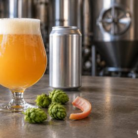 Ly tulip bia IPA cam đục cạnh những nón hoa bia xanh