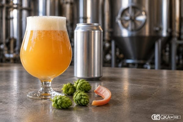 Ly tulip bia IPA cam đục cạnh những nón hoa bia xanh
