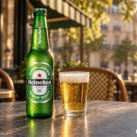 Chai bia Ken Pháp 250 ml xanh lá đặt cạnh ly bia
