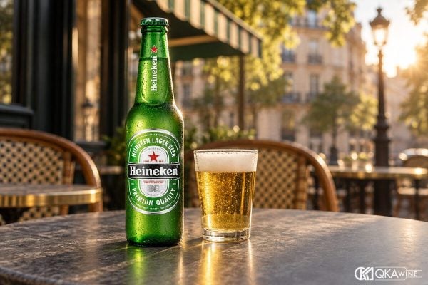 Chai bia Ken Pháp 250 ml xanh lá đặt cạnh ly bia