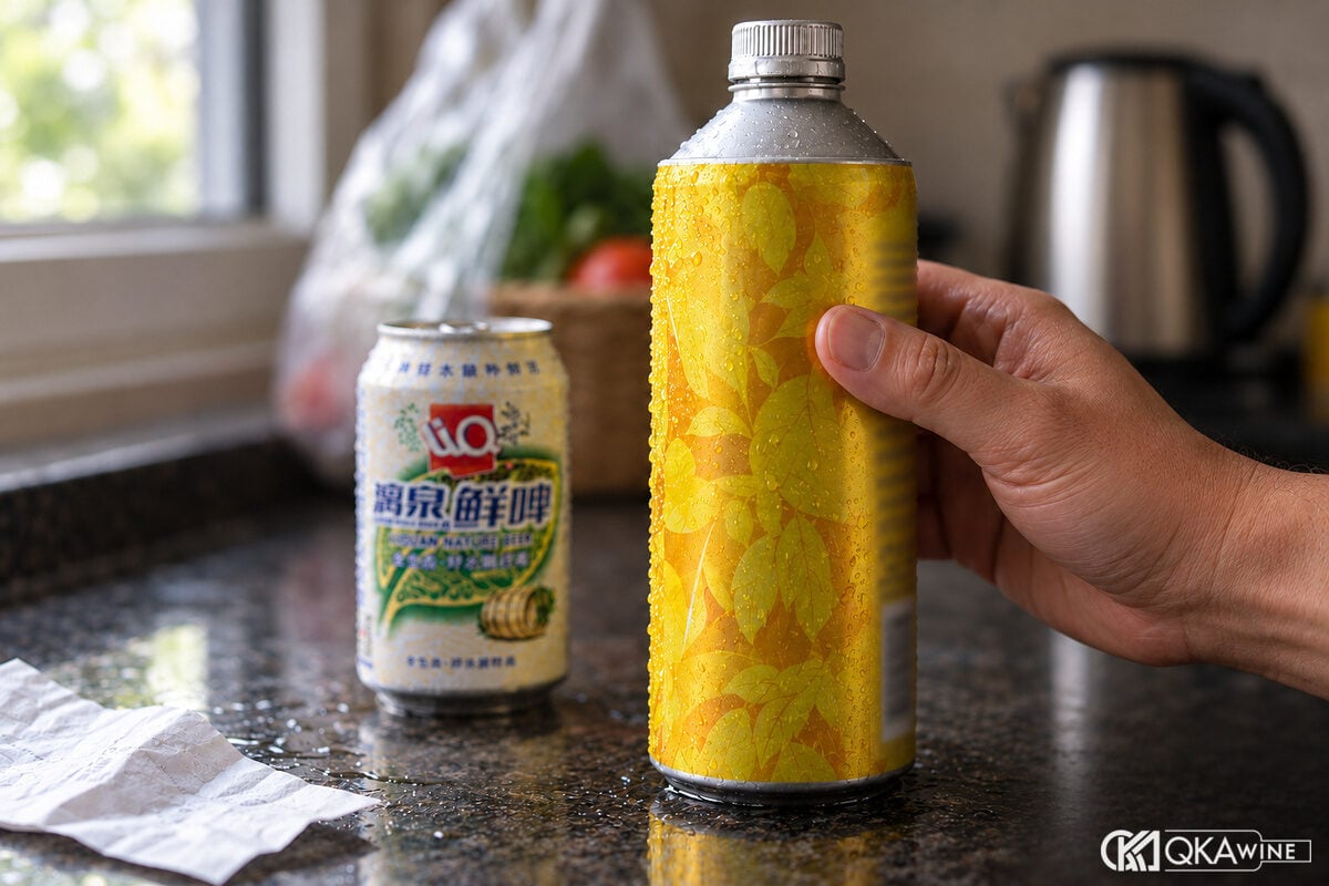 Tay xoay nhãn sau của hai chai bia xanh và vàng cạnh nhau