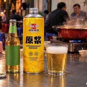 Chai xanh và lon vàng bia Liquan cạnh ly bọt trên bàn lẩu