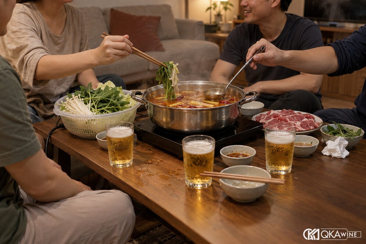 Nồi lẩu cay bốc khói cạnh ly bia vàng và đĩa rau