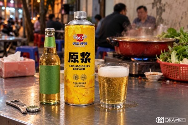 Chai xanh và lon vàng bia Liquan cạnh ly bọt trên bàn lẩu