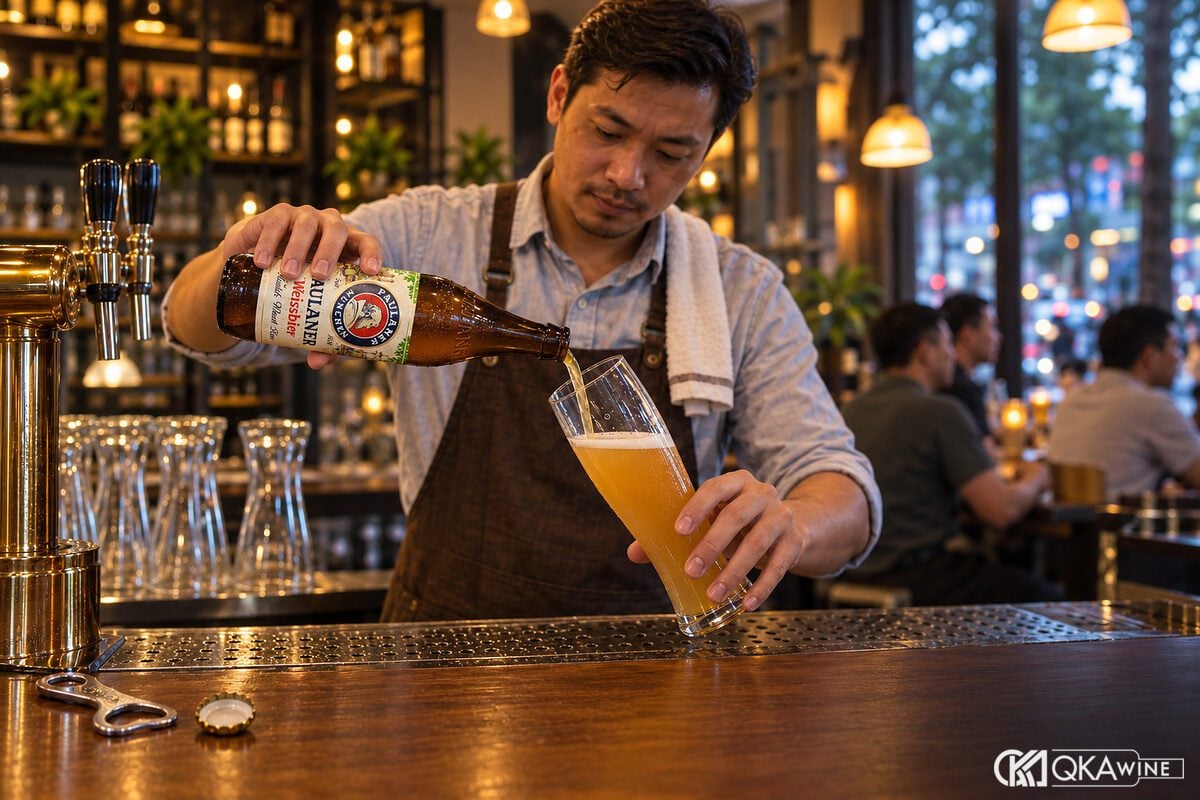 Tay rót bia lúa mì vàng đục vào ly weizen nghiêng