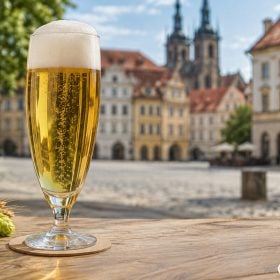 Ly bia Pilsner cao thon chứa bia vàng nhạt và bọt trắng dày