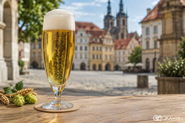 Ly bia Pilsner cao thon chứa bia vàng nhạt và bọt trắng dày