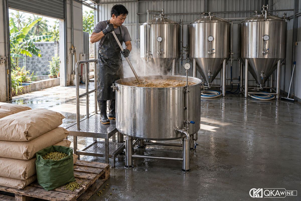 Thợ nấu khuấy malt trong nồi inox cạnh bao hoa bia