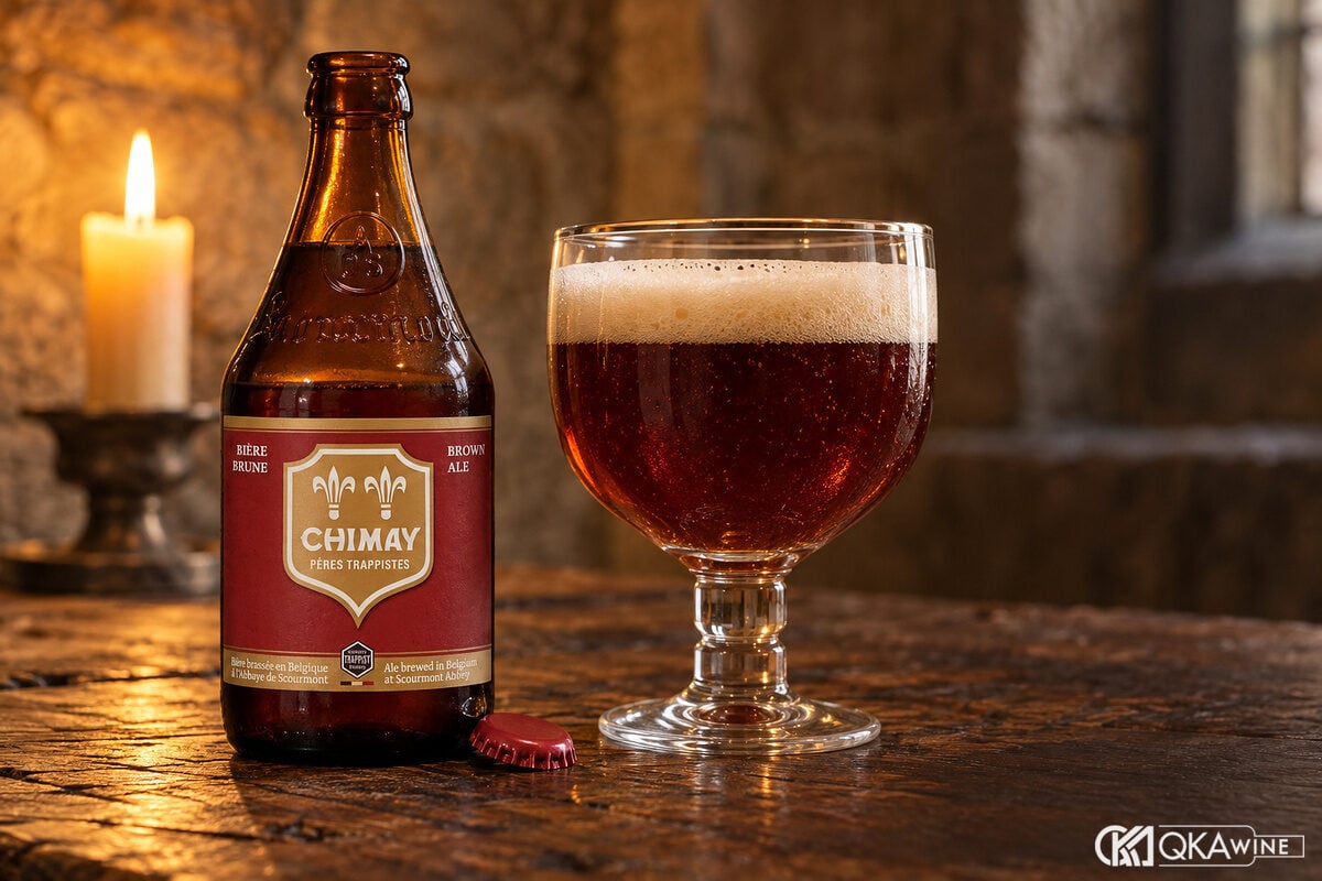 Ly tulip chứa ale hổ phách đặt cạnh chai bia Trappist