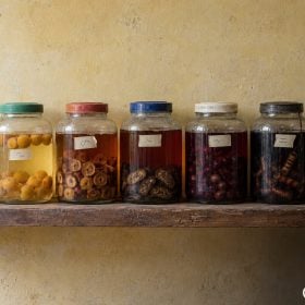 Năm bình rượu ngâm nhiều màu có nhãn ngày trên kệ gỗ
