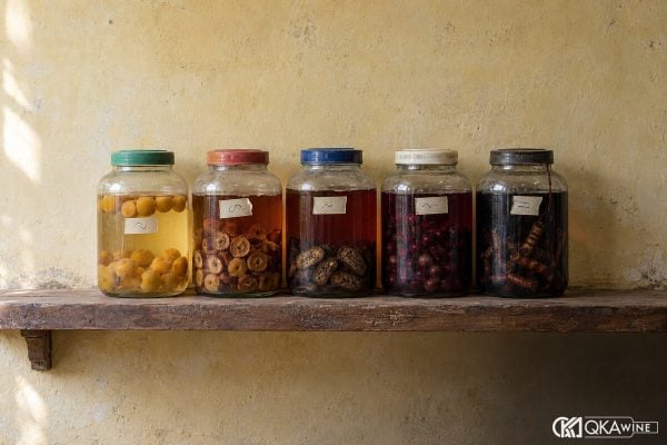 Năm bình rượu ngâm nhiều màu có nhãn ngày trên kệ gỗ