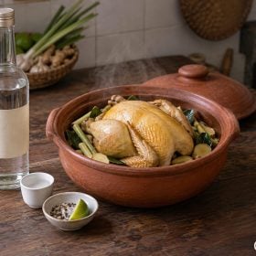 Gà hấp rượu vàng óng trong nồi đất cùng sả, gừng và lá chanh