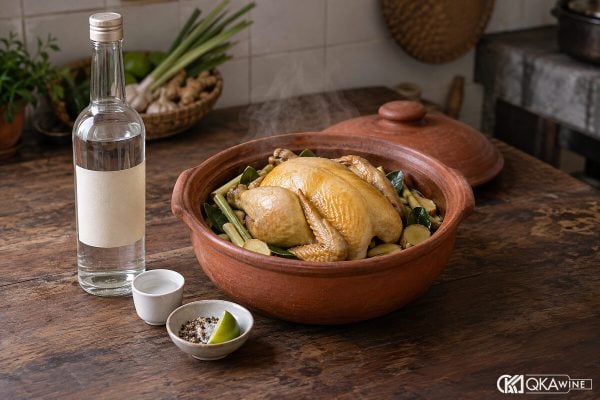 Gà hấp rượu vàng óng trong nồi đất cùng sả, gừng và lá chanh