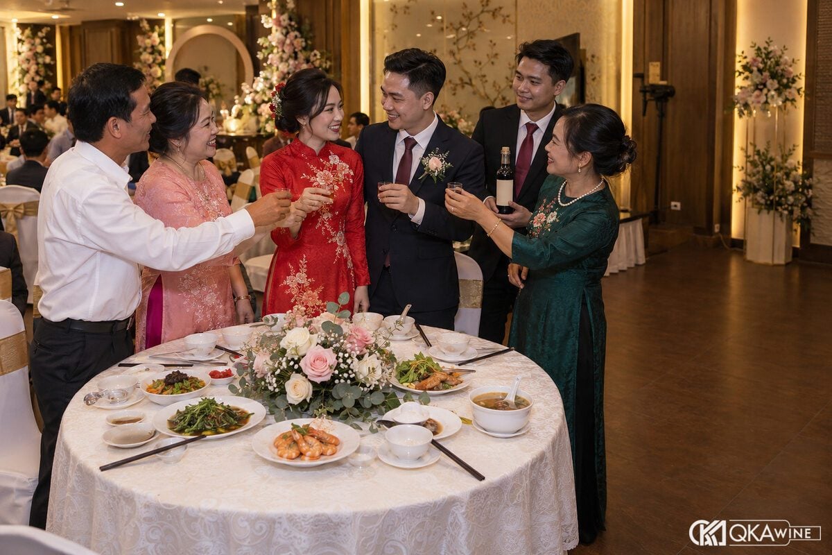 Cô dâu chú rể Việt Nam cầm ly tới từng bàn tiệc
