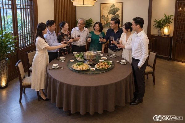 Người lớn mời rượu và nâng ly vang quanh bàn tròn Việt Nam