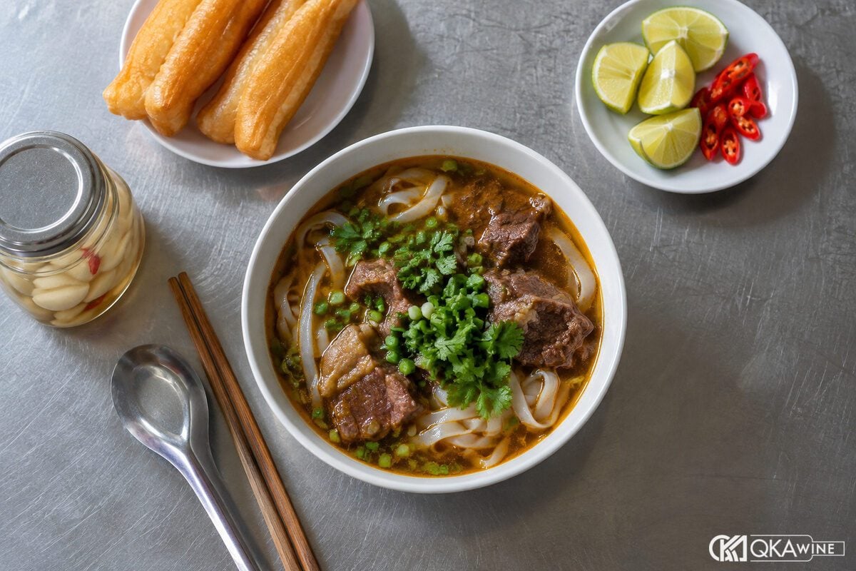 Bát phở bò sốt vang Hà Nội cạnh quẩy và chanh ớt