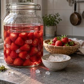 Bình ngâm rượu dâu tây đỏ hồng cạnh rổ dâu trên bàn bếp