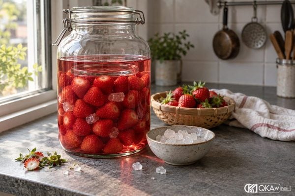 Bình ngâm rượu dâu tây đỏ hồng cạnh rổ dâu trên bàn bếp