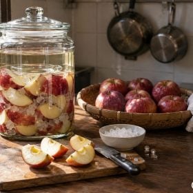 Cách ngâm rượu táo trong bình cạnh rổ quả trên bàn gỗ