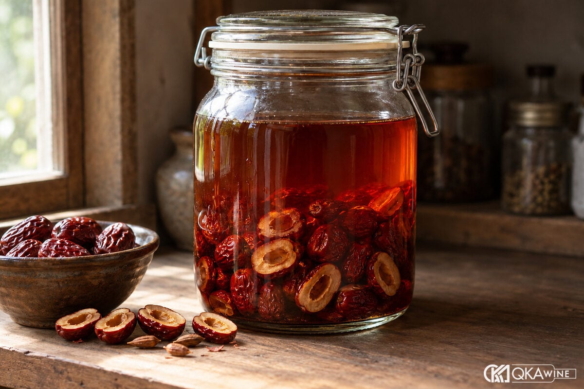 Hũ rượu màu đỏ nâu đặt cạnh bát táo tàu khô