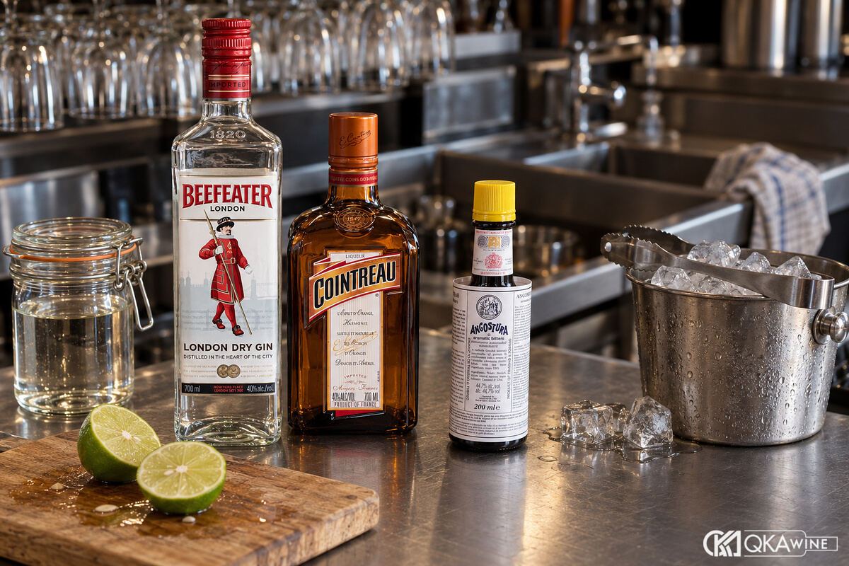 Gin, liqueur, chanh, siro, bitters và xô đá bày riêng trên quầy