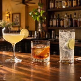 Ba ly cocktail trên quầy gỗ tại quán bar Sài Gòn