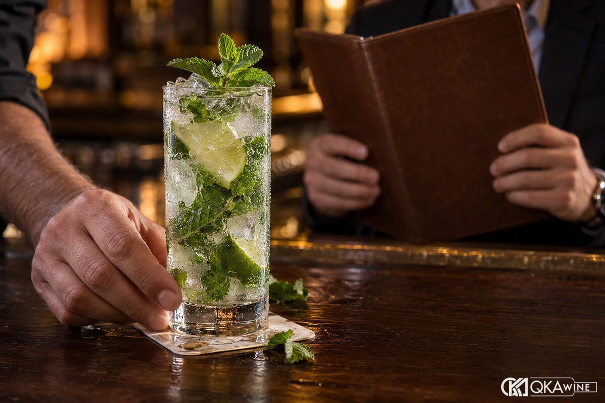 Khách trưởng thành đọc menu khi bartender đặt ly Mojito trước mặt