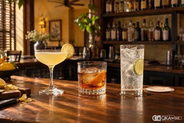 Ba ly cocktail trên quầy gỗ tại quán bar Sài Gòn