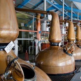 Dãy nồi chưng cất bằng đồng cổ thiên nga trong một nhà máy whisky Scotland