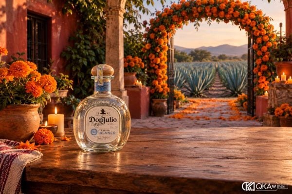 Chai Don Julio Blanco bên cổng hoa cúc vạn thọ dịp Día de Muertos