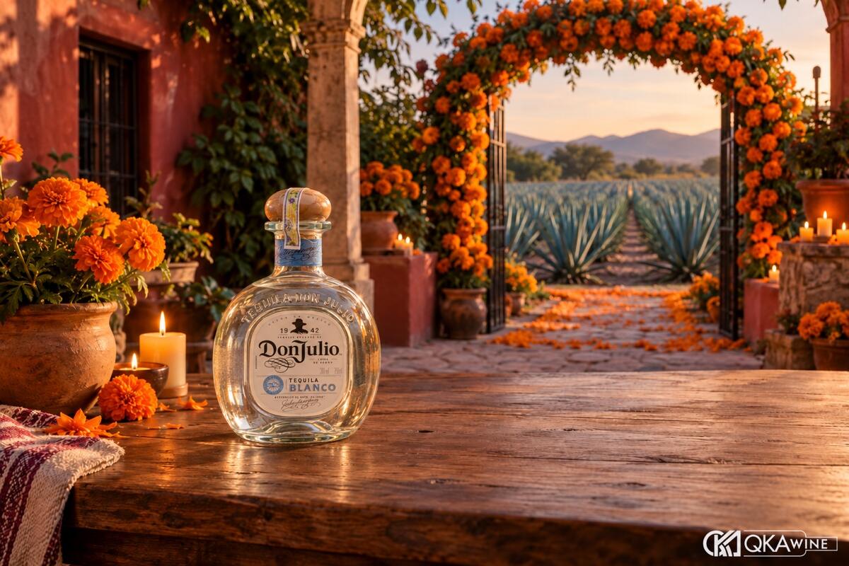 Chai Don Julio Blanco bên cổng hoa cúc vạn thọ dịp Día de Muertos