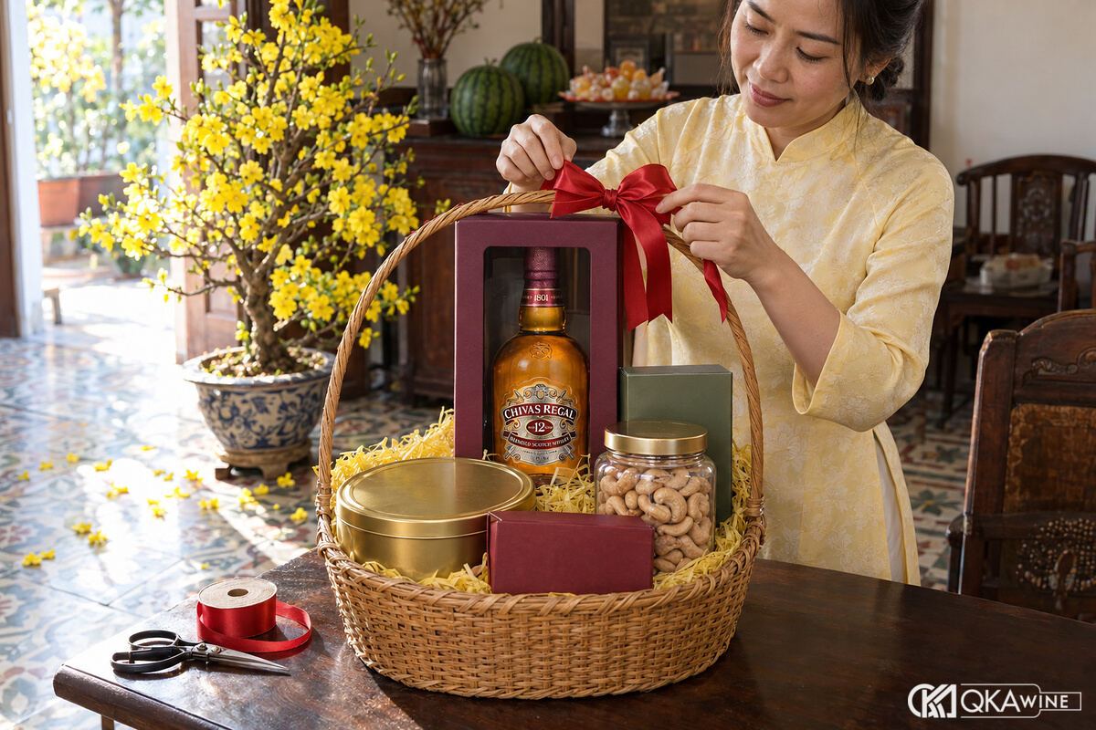 Giỏ quà lớn có hộp whisky, bánh và trà cạnh mai vàng