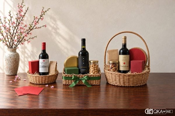 Giỏ quà tết 300k cạnh hai giỏ lớn hơn trên bàn gỗ