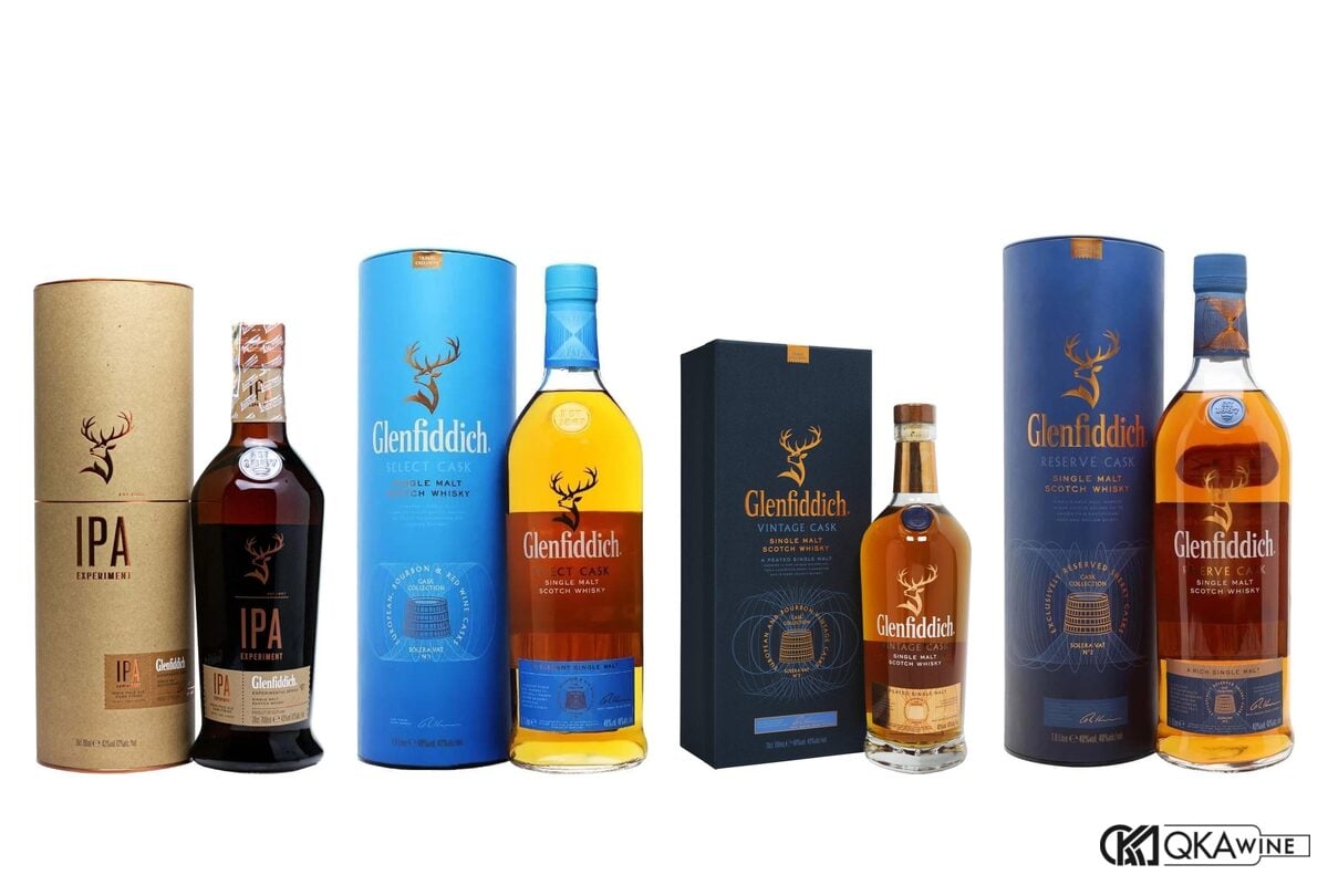 Bốn chai Glenfiddich Single Malt Scotch Whisky: IPA, Select Cask, Vintage Cask và Reserve Cask