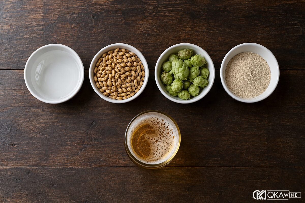 Bốn bát nhỏ đựng nước, malt, hoa bia và men bia